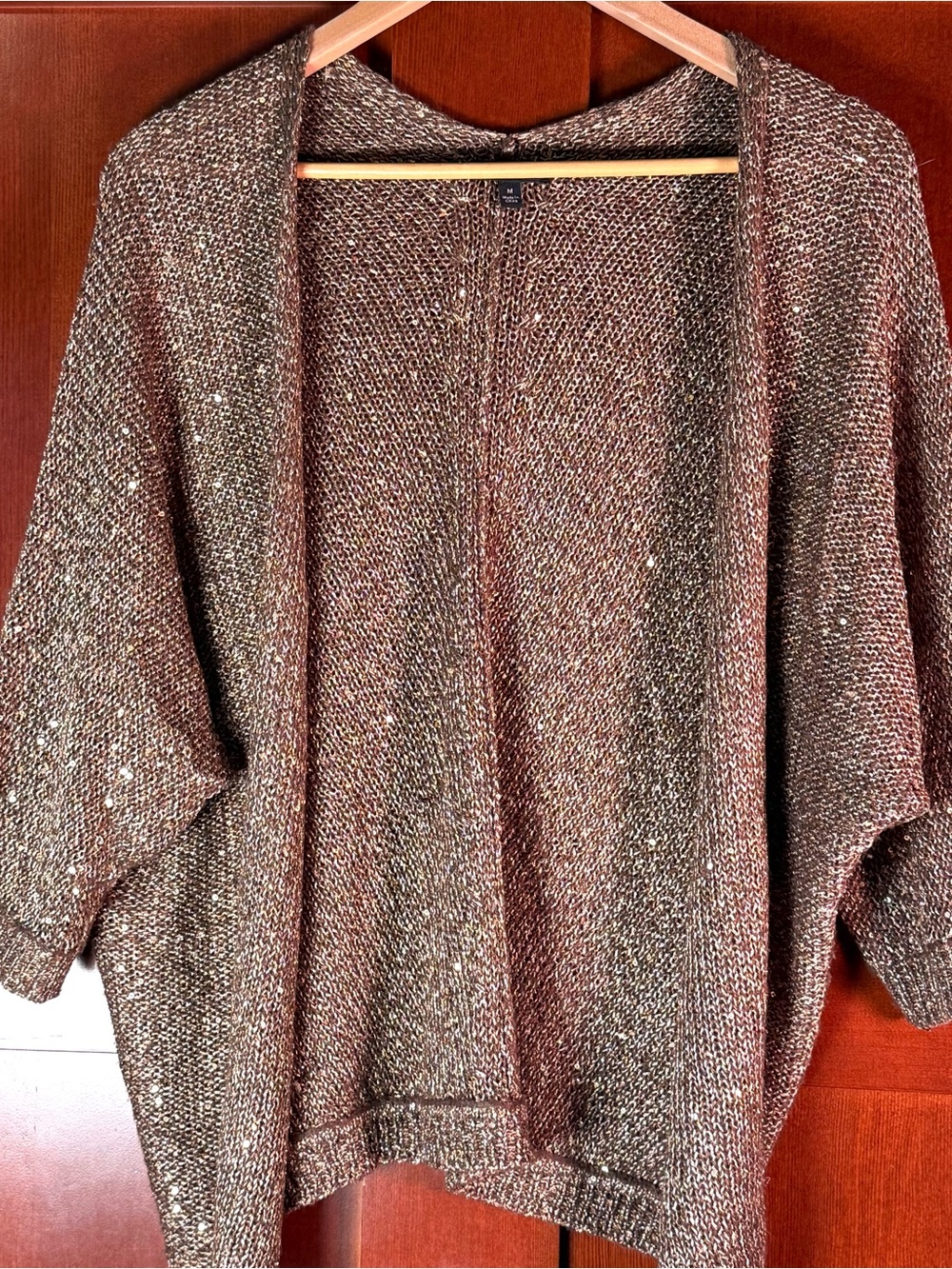 APT. 9 Medium Gold Metallic Sequin Open Front Dolman Cardigan Shrug